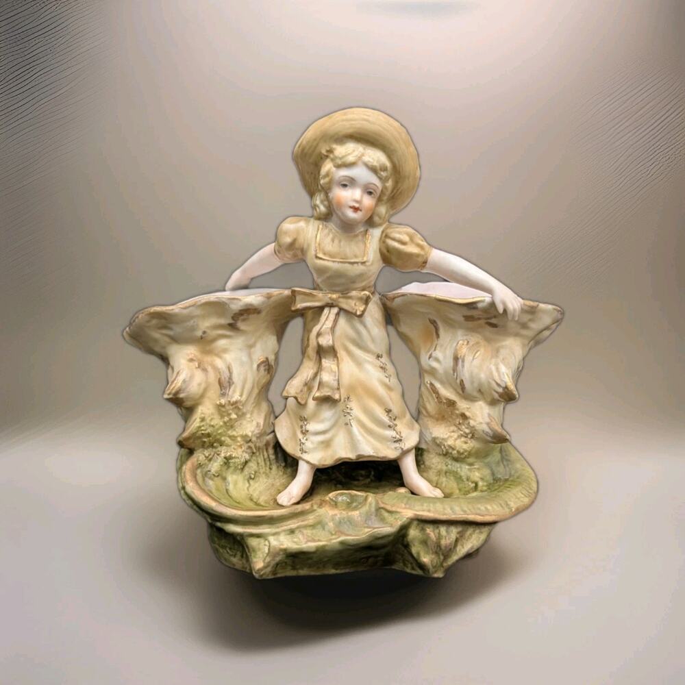 Girl By The Sea Double Vase Ernst Wahliss Bisque Porcelain 8” X 7” Antique